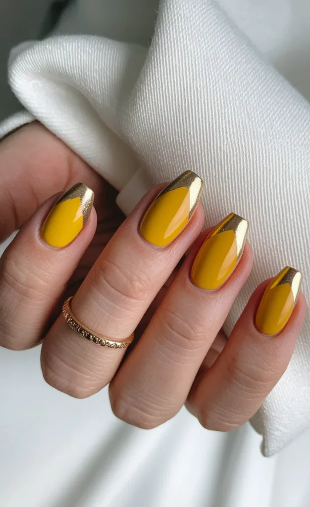Golden Yellow French Tips with a Metallic Edge