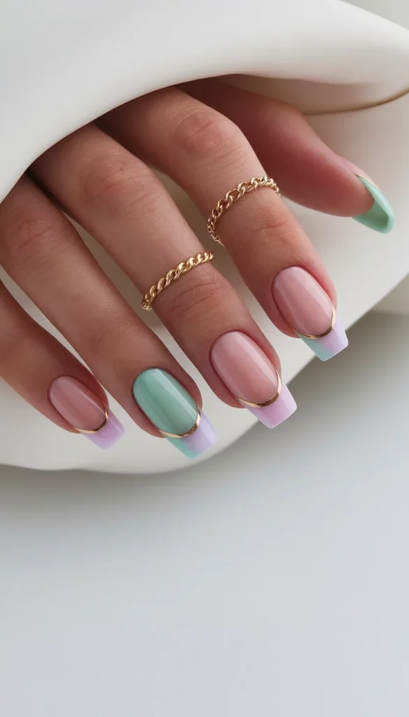 Soft Pastel French Tips with Gold Accents